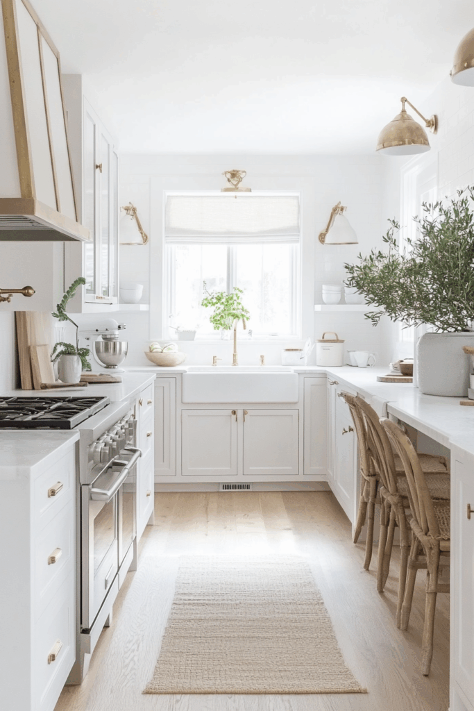 In small kitchens, light tones and minimal clutter help maximize the sense of space. This design uses soft white cabinetry, brass details, and natural textures to create an open and inviting feel — perfect for modern traditional homes.